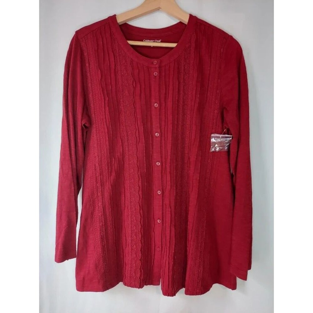 NEW Coldwater Creek Cotton Pin Tuck Lace Long Sleeve Button Up Burgundy M